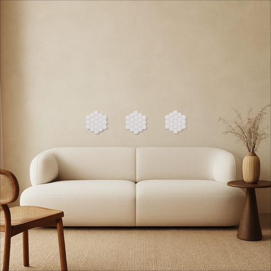 Plaster wall panel cluster – 3-panel hex layout on neutral wall

