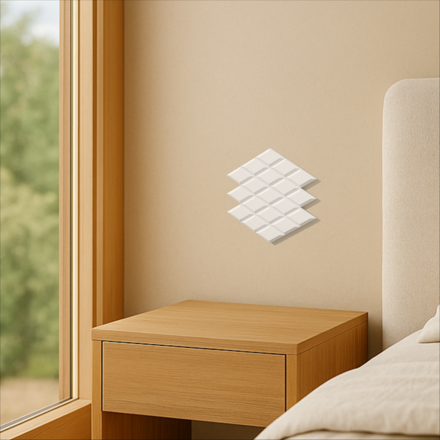 Close-up of diamond wall panel – beveled relief catching directional light

